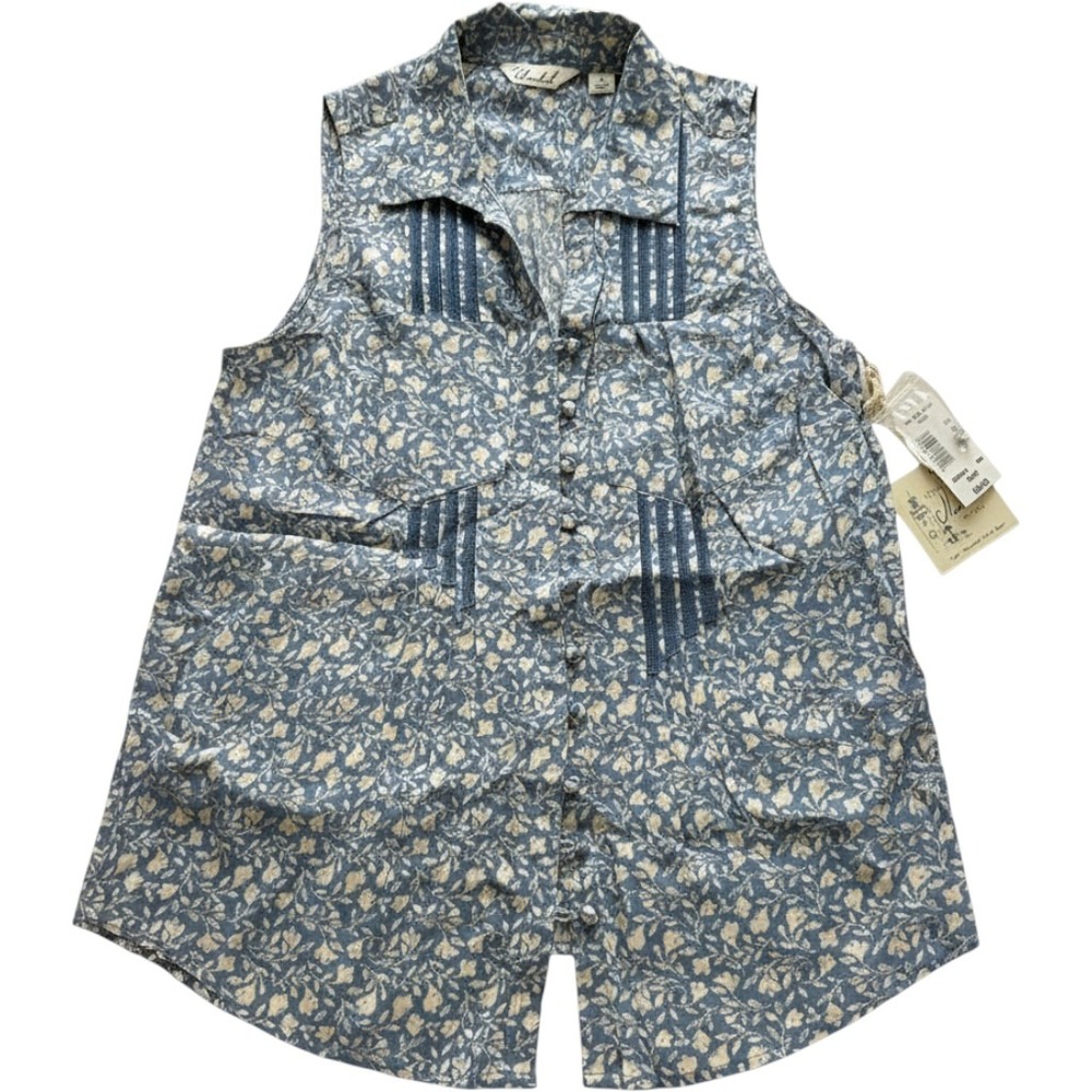 Caffe Marrakesh Womens Blue Floral Pintuck Lace Sleeveless Button Down Top S NEW
